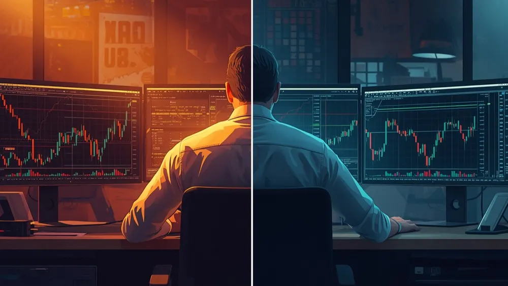 A trader sitting in front of a monitor displaying charts